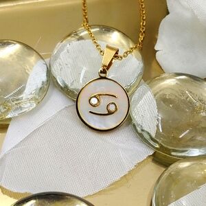 Dainty Zodiac Disk Charm, ♋/Cancer, Mother of Pearl Delicate Pendant Necklace